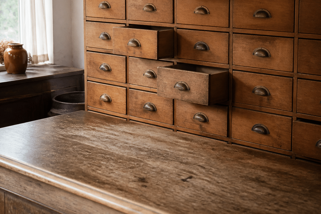 Alter Apothekerschrank aus Holz mit halb geöffneten Schubladen