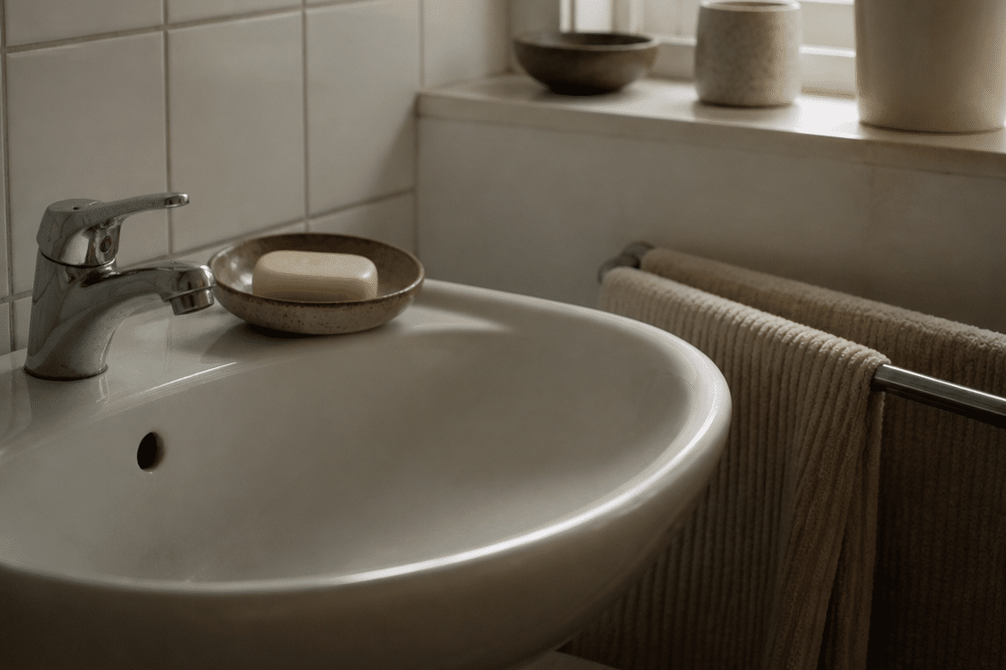 Waschbecken mit Seifenstück und frischem Handtuch