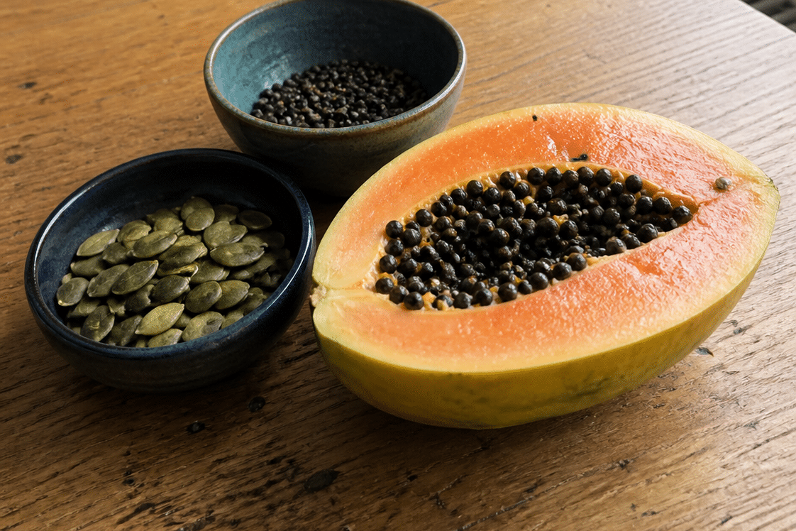 Kürbiskerne und Papayakerne in Schalen neben einer aufgeschnittenen Papaya
