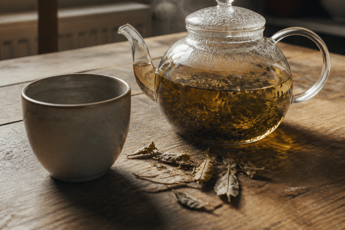 Glaskanne mit ziehendem Kräutertee und schlichte Tasse